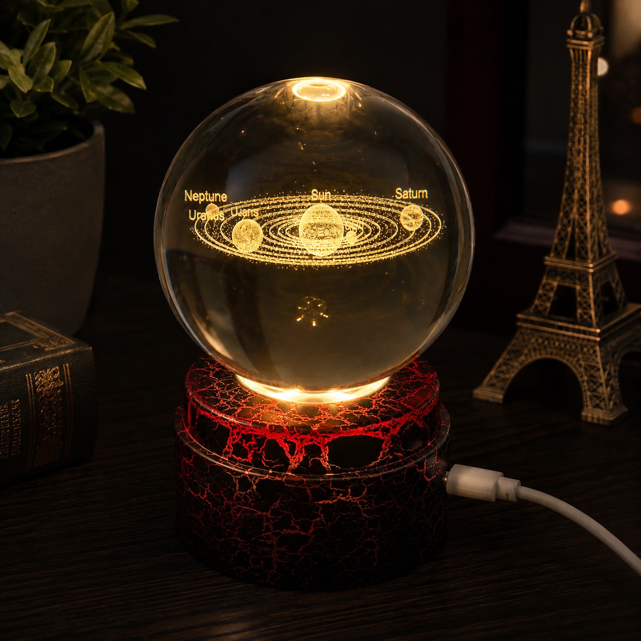 3D Etched Crystal Globe LED Light with Spinner Display Base