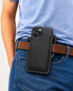 Black Republic Mercantile cell phone holster for belt carry with adjustable strap and secure clip.