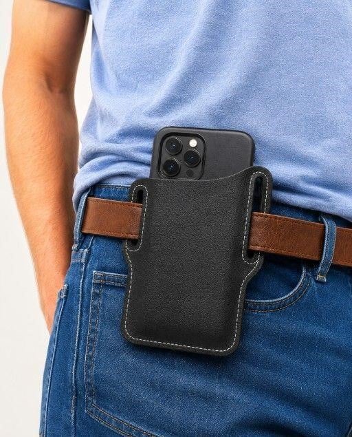Black Republic Mercantile cell phone holster for belt carry with adjustable strap and secure clip.
