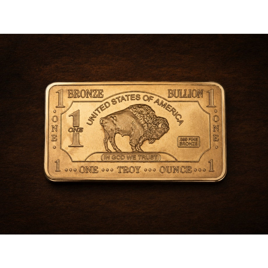 Troy oz bronze alloy collectible bar from CMC Mint featuring detailed engravings and a polished finish.