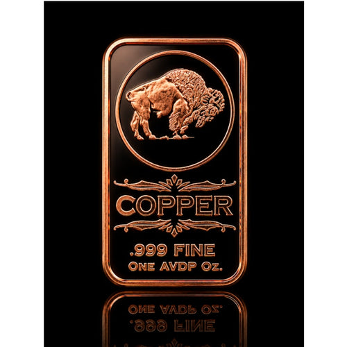 Republic Mercantile 1 oz .999 fine copper Buffalo collectible bar, made in USA, with detailed buffalo design on the front.