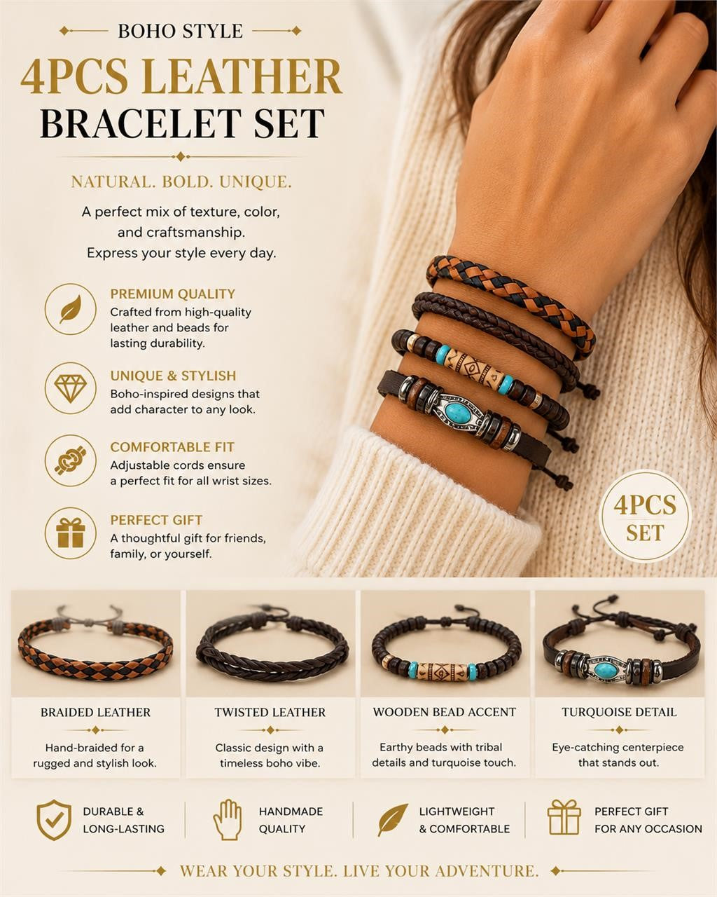 4 Piece Boho Leather Bracelet Set