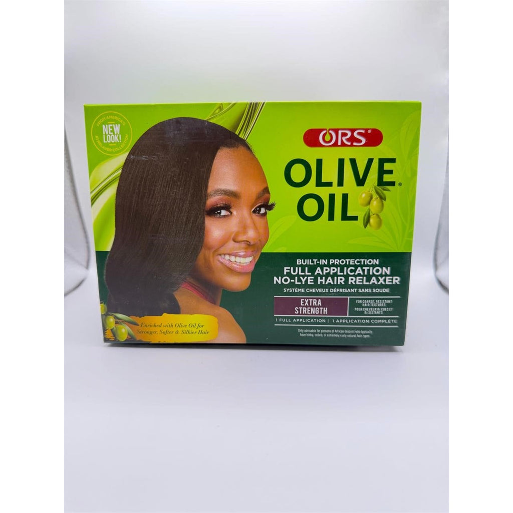 Extra strength olive oil hair relaxer from Republic Mercantile, showing the product tube with olive oil ingredients and branding.