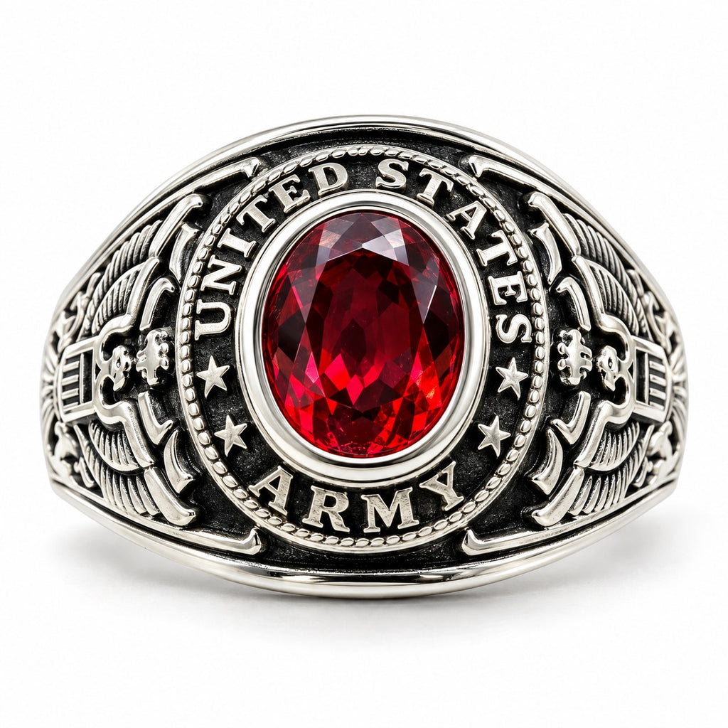 Men's US Army silver signet ring with red accents, size 9, by Republic Mercantile, featuring military emblem on polished silver band.