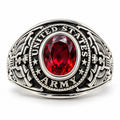 Men's US Army silver signet ring with red accents, size 9, by Republic Mercantile, featuring military emblem on polished silver band.