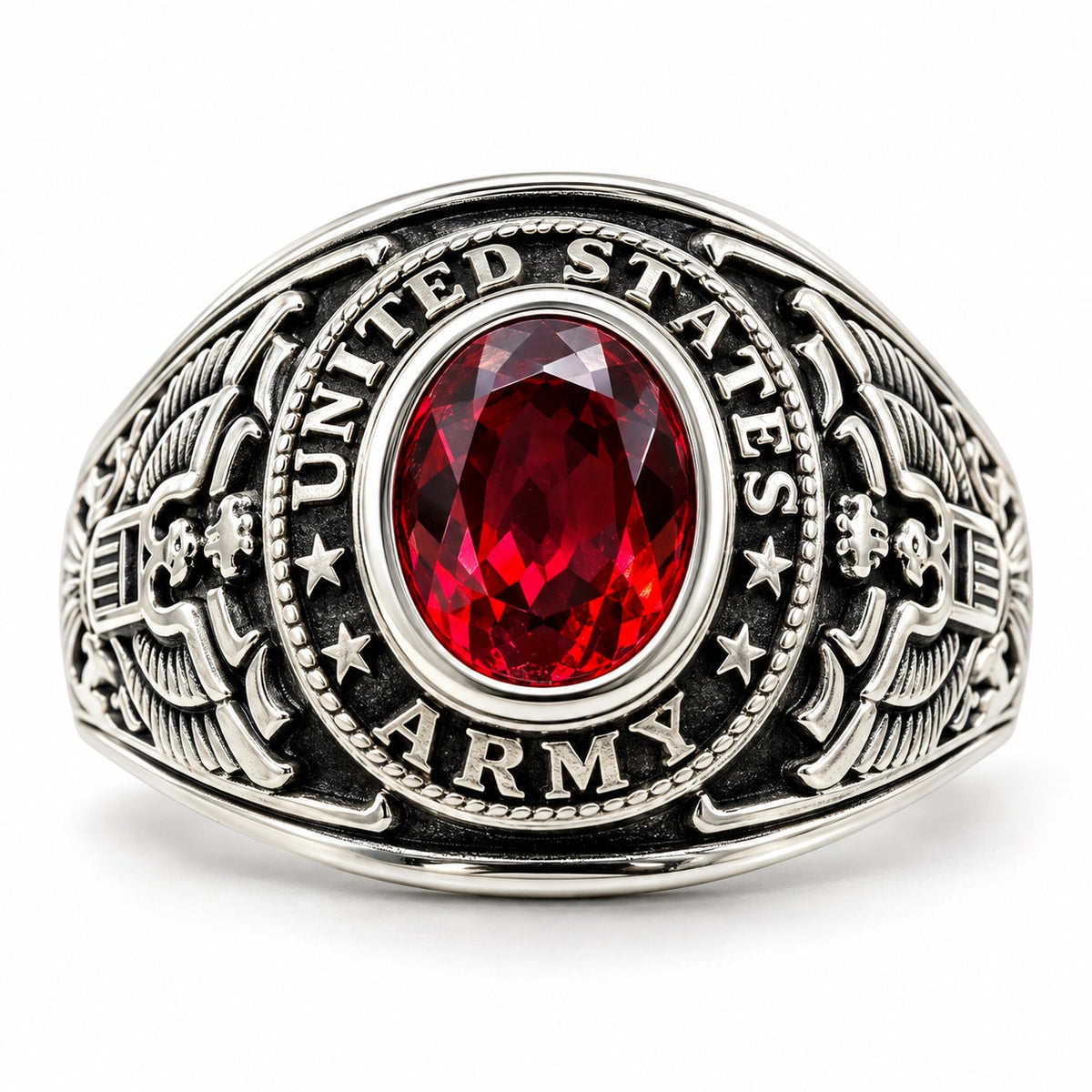 Men's US Army silver signet ring with red accents, size 9, by Republic Mercantile, featuring military emblem on polished silver band.