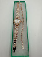 Ladies rose gold watch and bracelet set with cubic zirconia accents, stylish jewelry from Republic Mercantile.