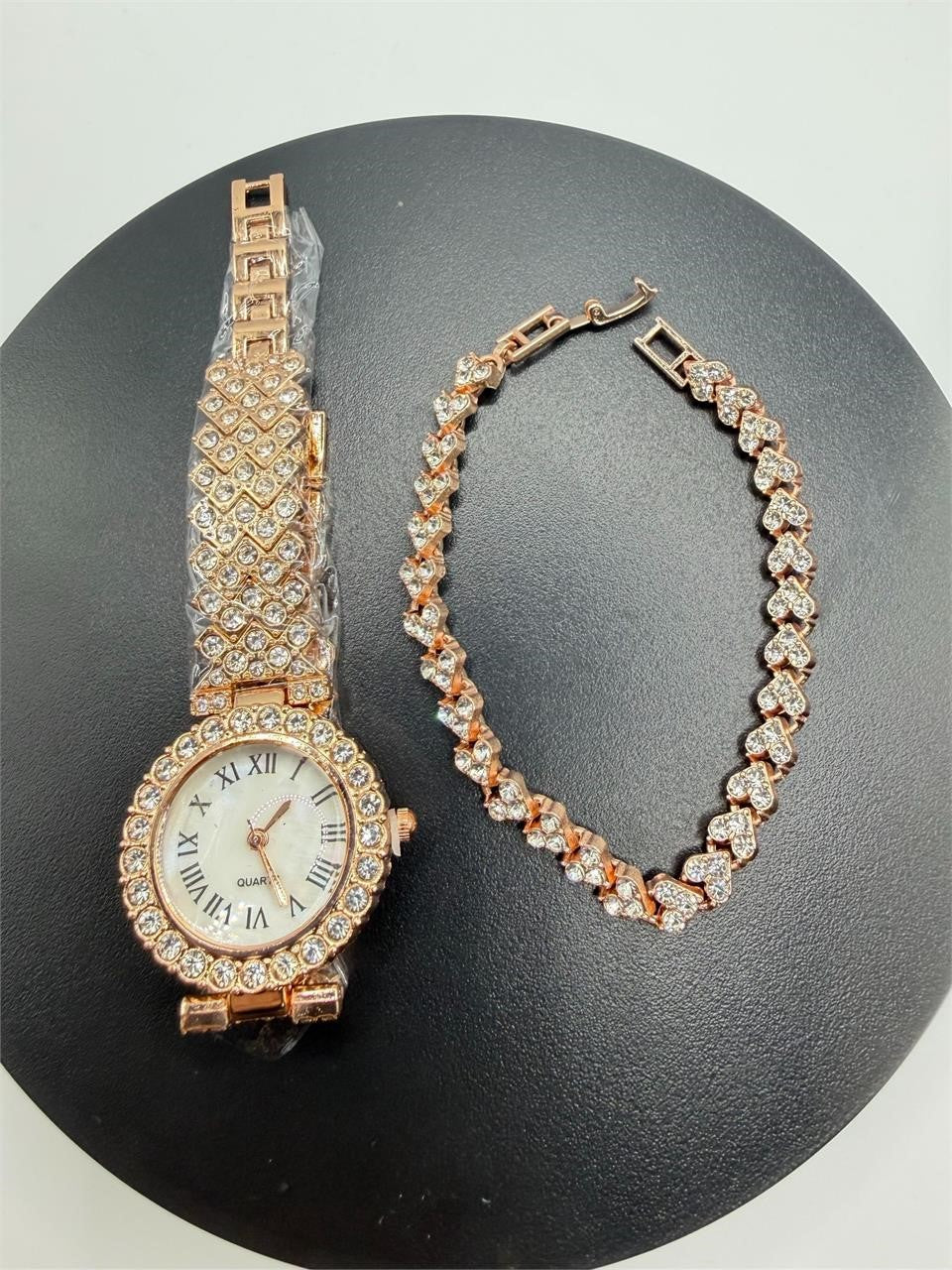 Rose gold ladies 2-piece watch and bracelet set with cubic zirconia accents, stylish jewelry by Republic Mercantile.