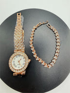 Rose gold ladies 2-piece watch and bracelet set with cubic zirconia accents, stylish jewelry by Republic Mercantile.
