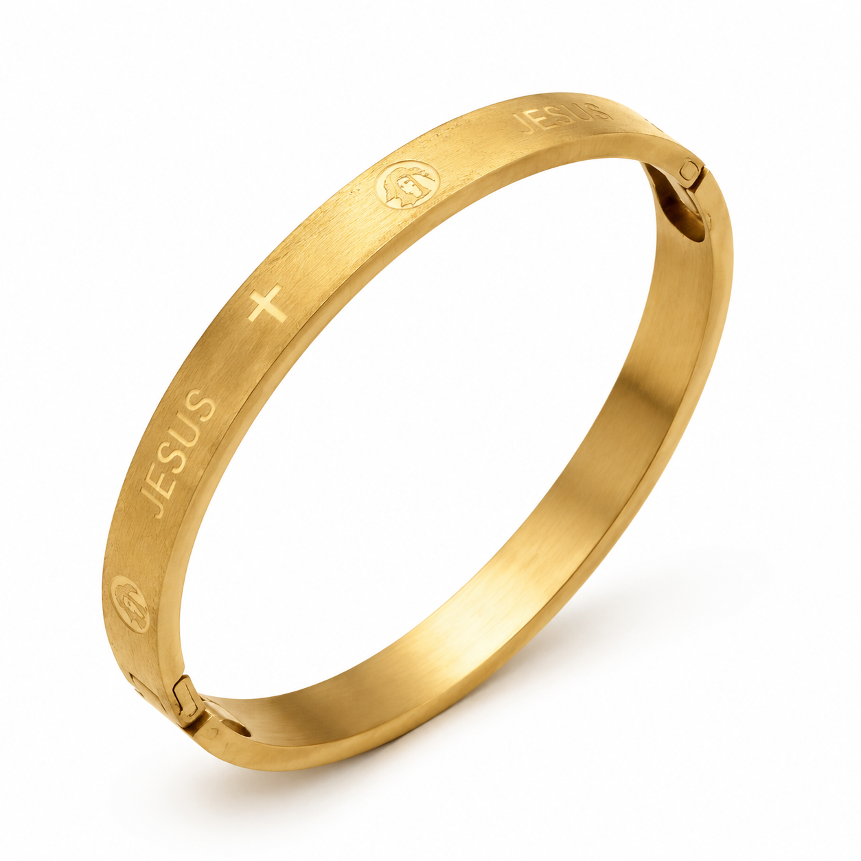 Golden stainless steel Christian bracelet for women, featuring religious symbols, from Republic Mercantile.