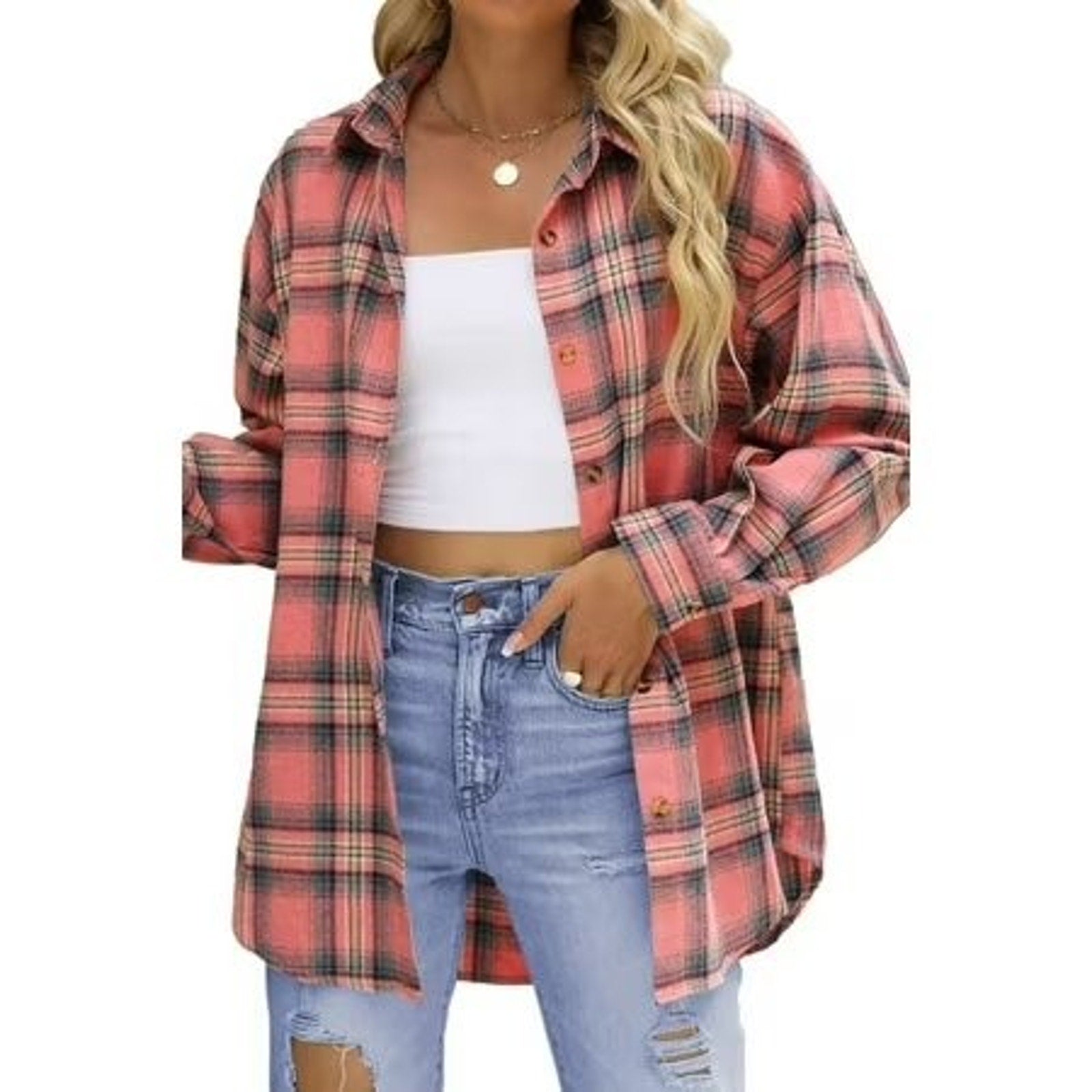 Fantaslook women's oversized plaid flannel shirt with long sleeves and button-down front, size small, in classic checkered pattern.