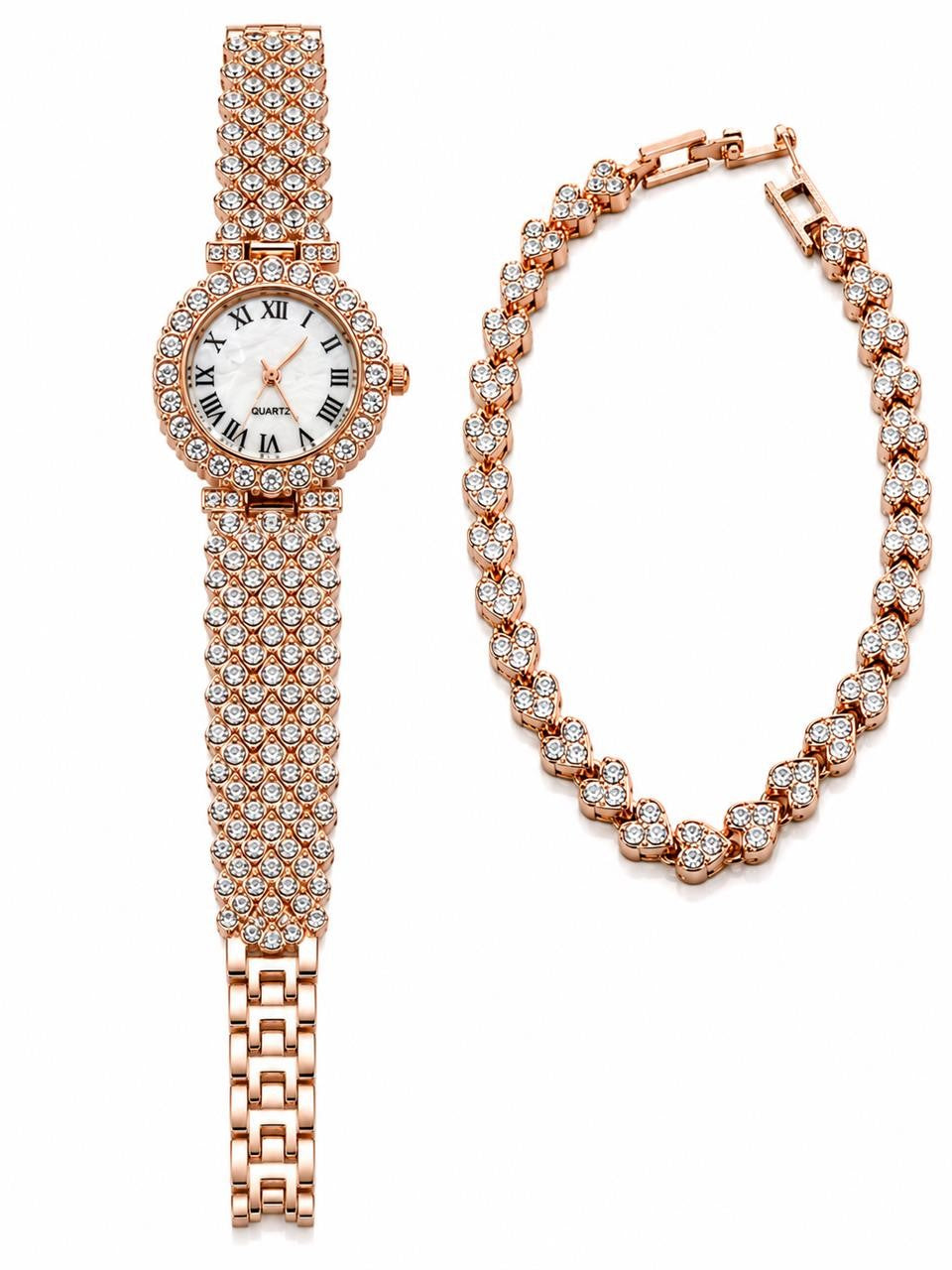Ladies rose gold watch and bracelet set with cubic zirconia from Republic Mercantile, featuring a stylish and elegant design.