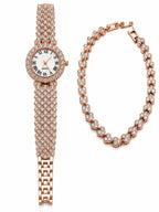 Ladies rose gold watch and bracelet set with cubic zirconia from Republic Mercantile, featuring a stylish and elegant design.