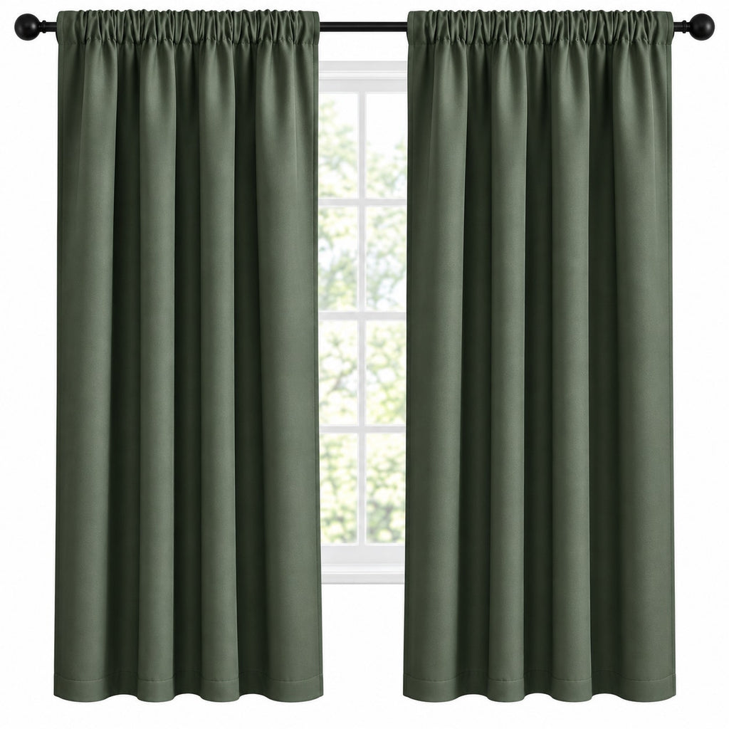 NICETOWN blackout curtains in green, insulated rod pocket window treatments, 42x63 inches, designed for light blocking and thermal insulation.