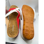 Xuemjiao red and white comfort slide sandals in size 11, featuring a casual design and cushioned sole for everyday wear.