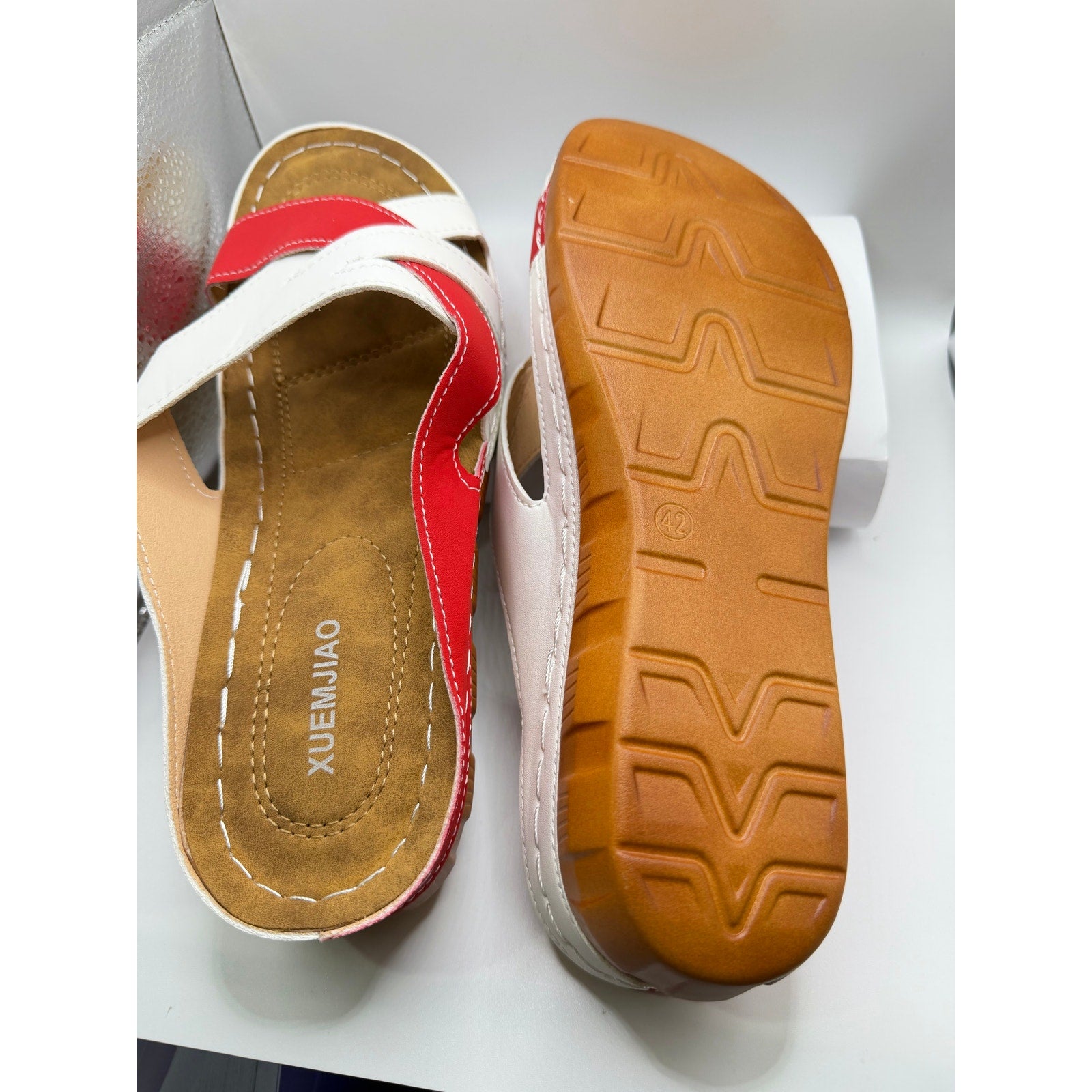 Xuemjiao red and white comfort slide sandals in size 11, featuring a casual design and cushioned sole for everyday wear.