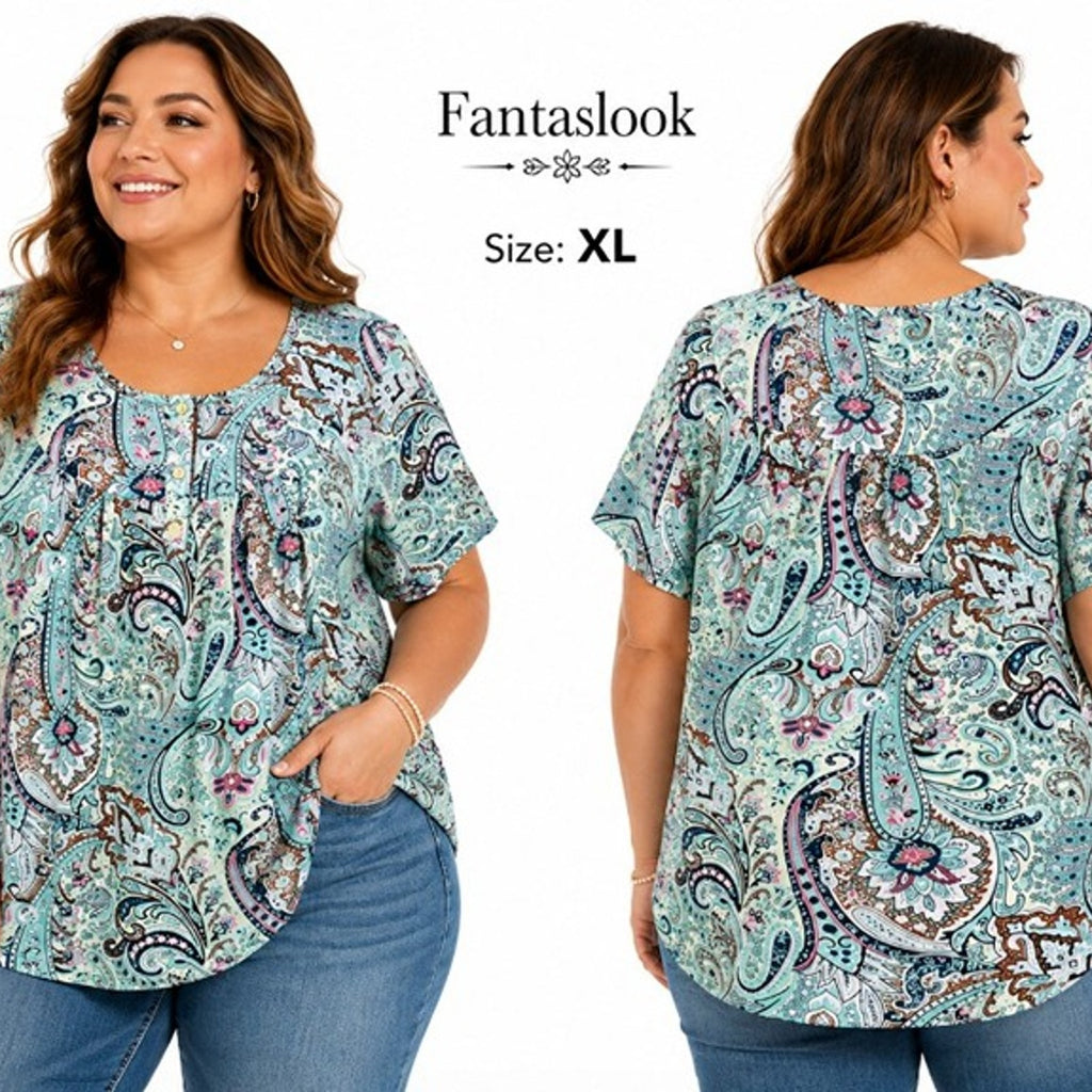 NEW Fantaslook Paisley Print Blouse Mint Multi XL Short Sleeve FREE Shipping