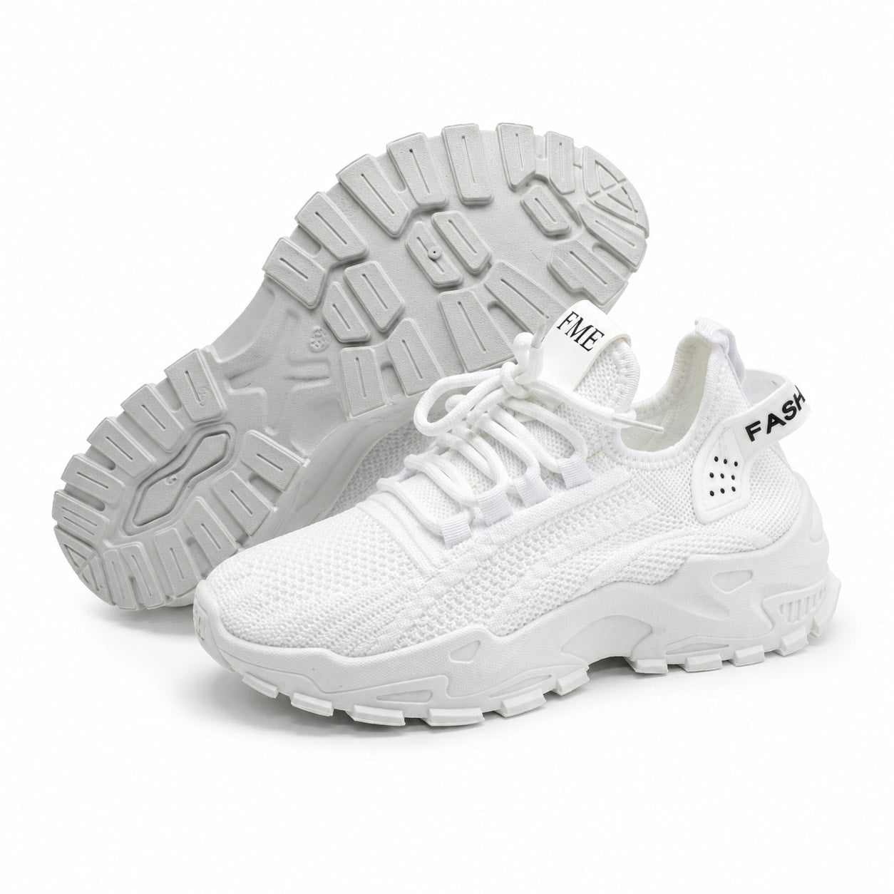 FME women's white cushioned lace-up sneakers, size 6, showing the comfortable design and stylish athletic look.