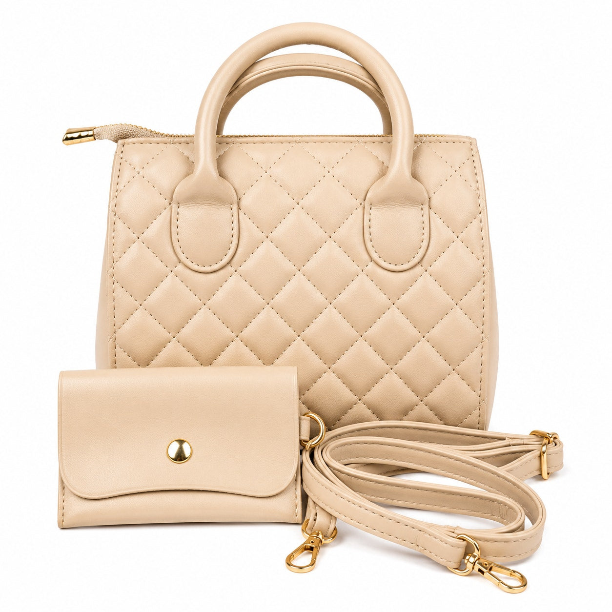 Beige ladies handbag carry purse with 8x6x3 inch size, stylish Republic Mercantile handbag with top handle and zip closure.