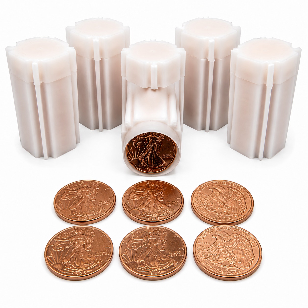 Four tubes of Republic Mercantile 1oz .999 fine copper Walking Liberty collectible coins, showing detailed coin designs inside tubes.