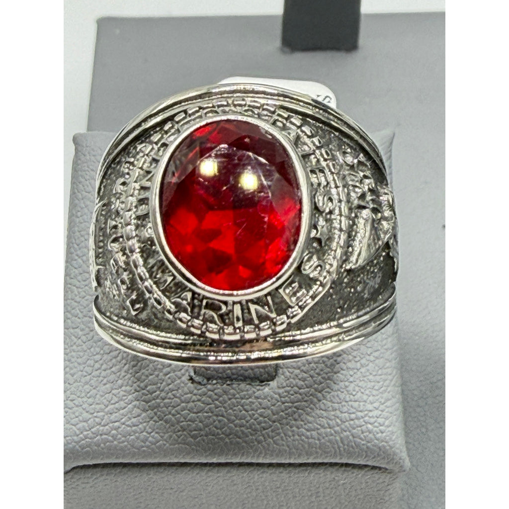 Men's US Marine Corps signet ring in silver with red accents, size 12, from Republic Mercantile featuring engraved Marine emblem.