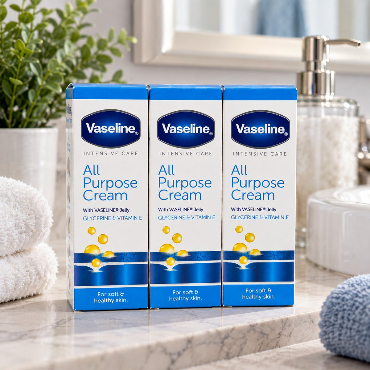 Three Vaseline Intensive Care All Purpose Cream tubes in a 3-pack, showing white tubs with blue and red labels.