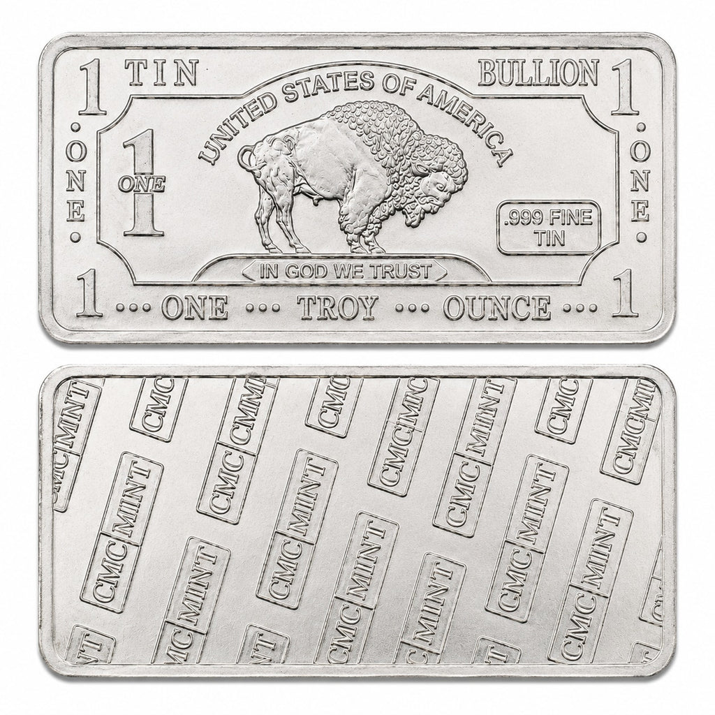 Troy oz .999 Tin collectible bar from CMC Mint featuring detailed engraving and a shiny silver finish.