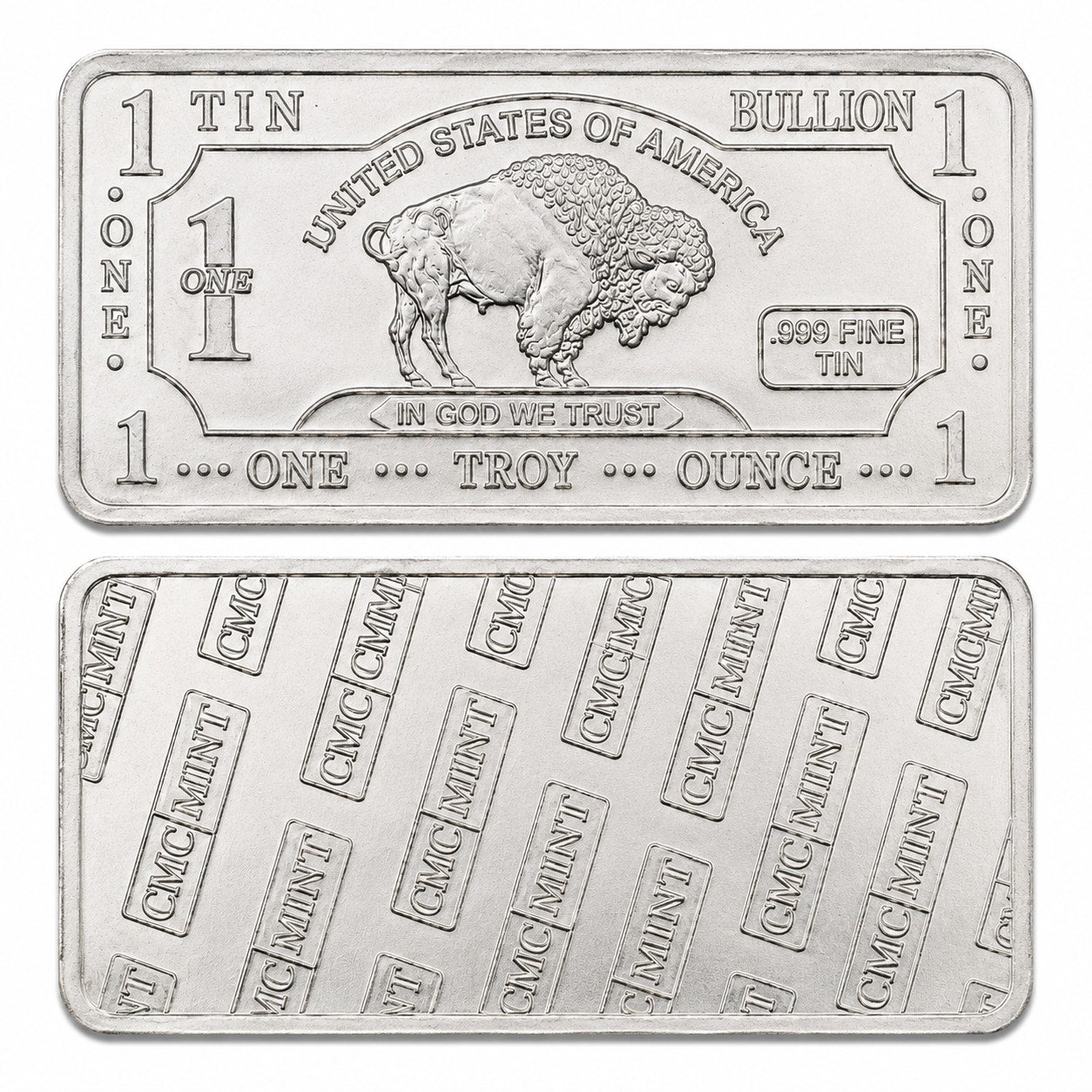 Troy oz .999 Tin collectible bar from CMC Mint featuring detailed engraving and a shiny silver finish.