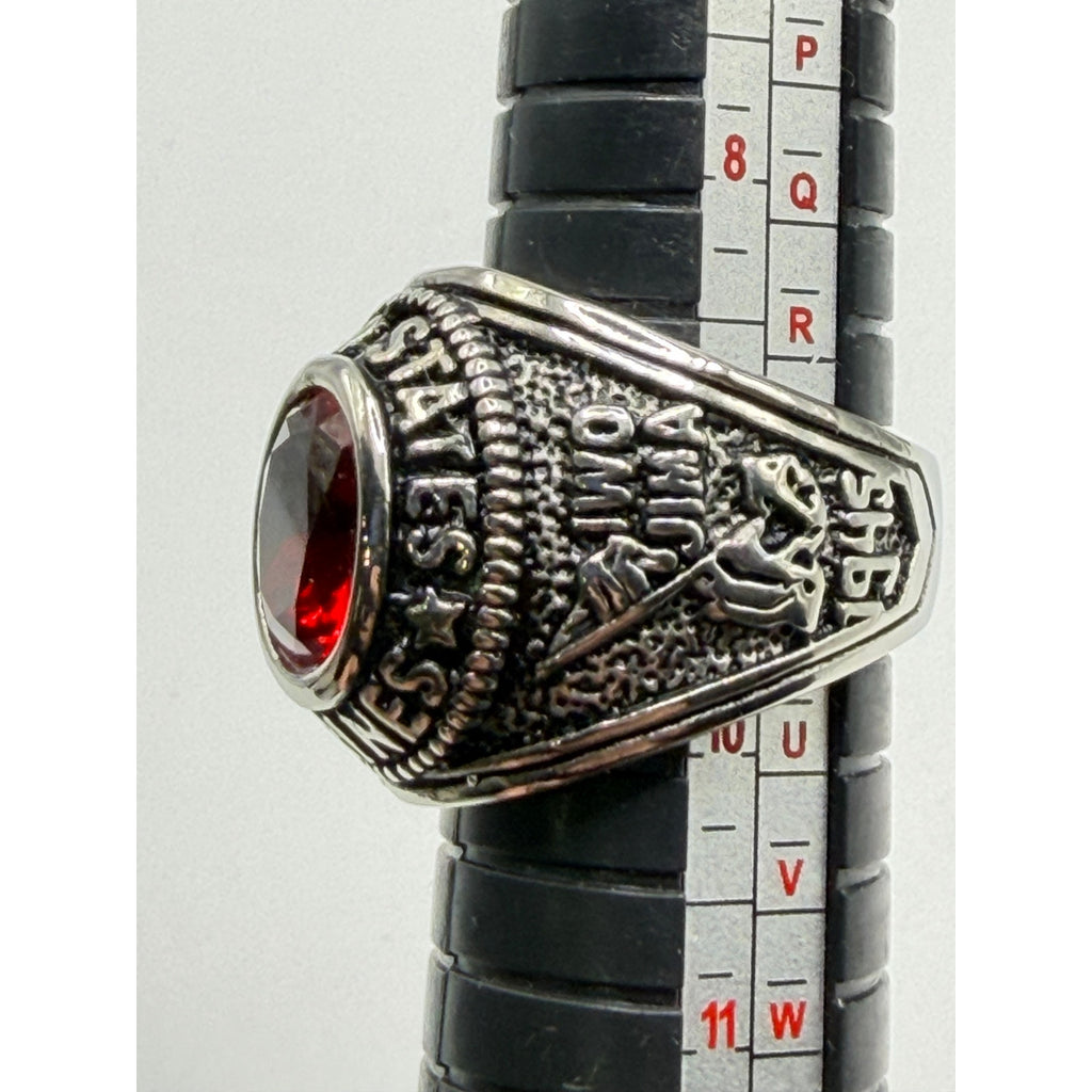 Men's US Marine Corps signet ring in silver with red accents, size 9, featuring engraved Marine emblem and detailed design.