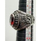 Men's US Marine Corps signet ring in silver with red accents, size 9, featuring engraved Marine emblem and detailed design.