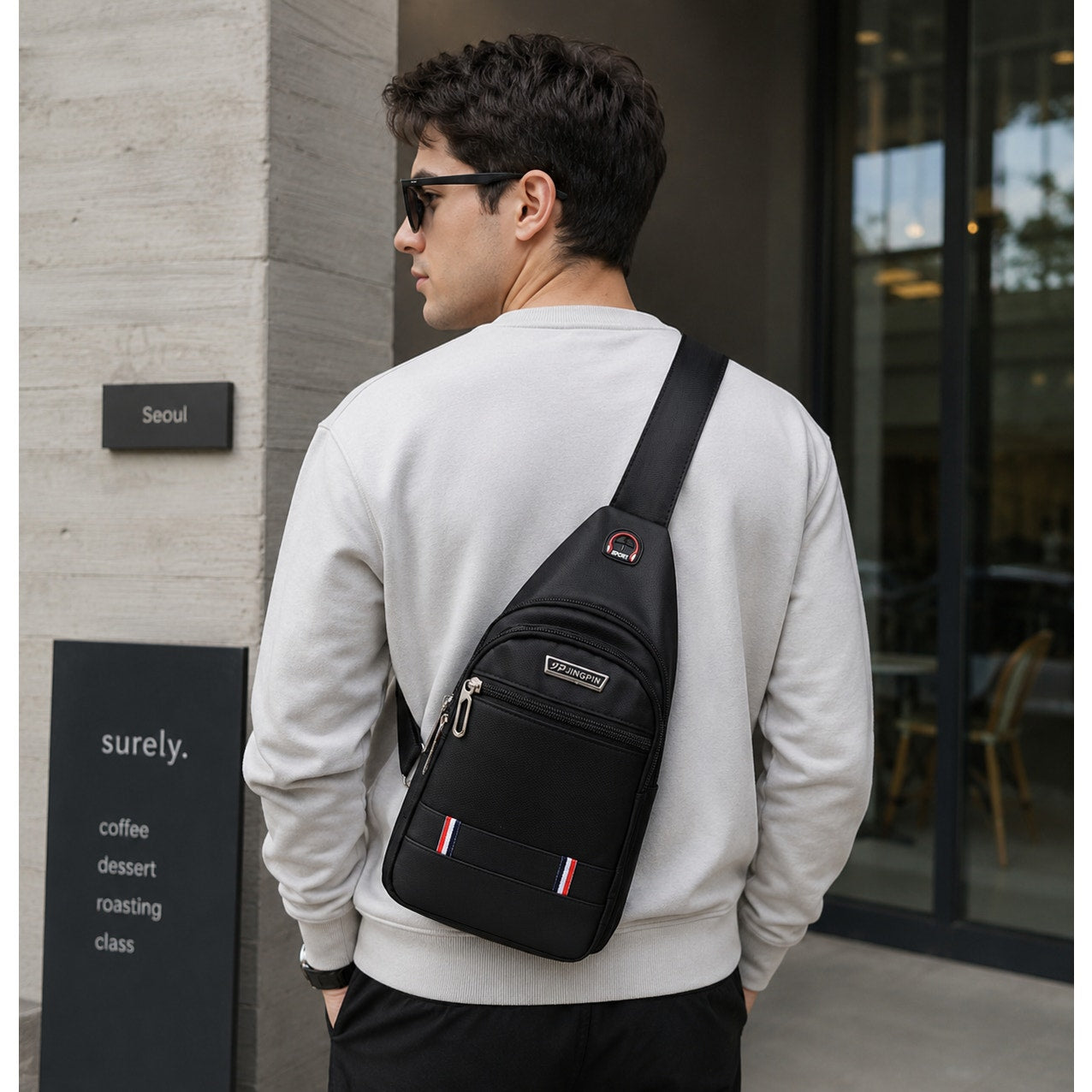 Black Jingpin Daily Single Strap Crossbody Backpack for unisex use, showing the sleek, compact design with adjustable strap.