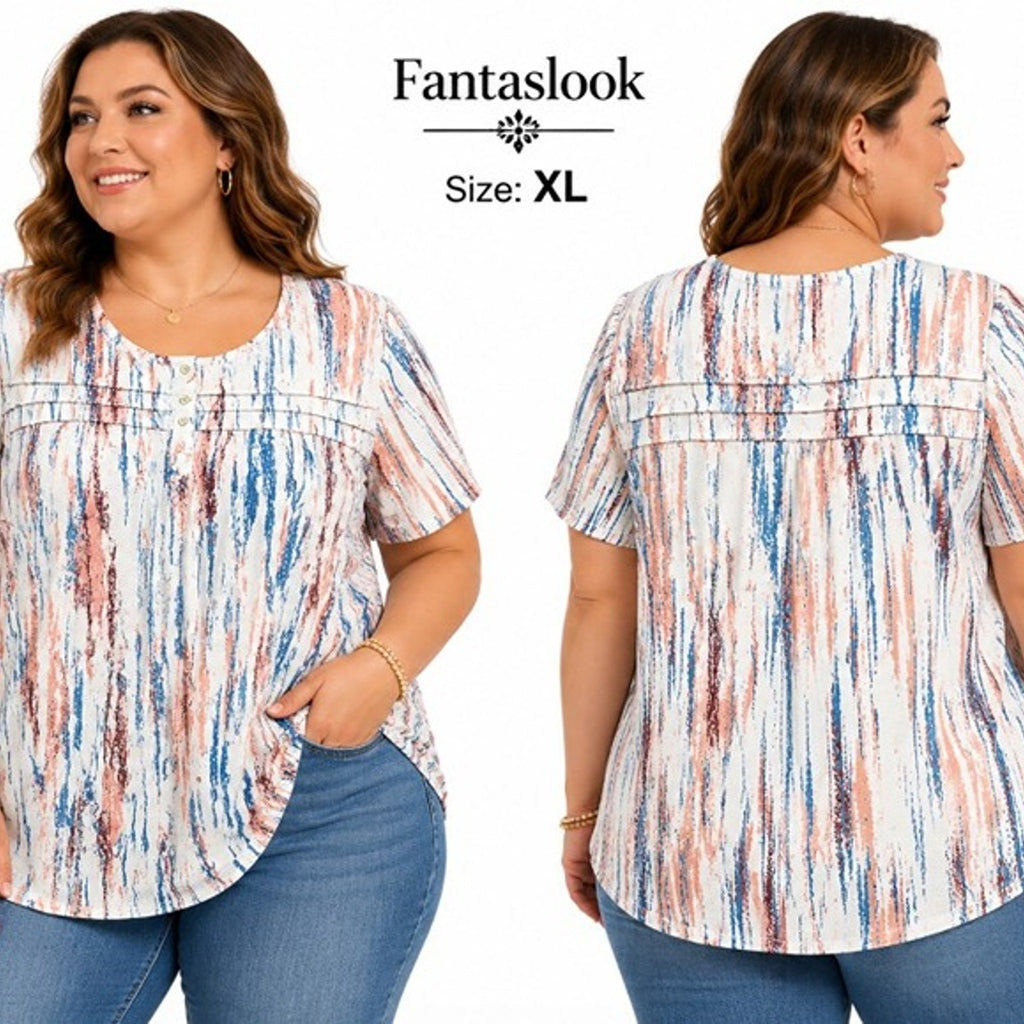 NEW Fantaslook Abstract Print Blouse White Multi XL Short Sleeve FREE Shipping