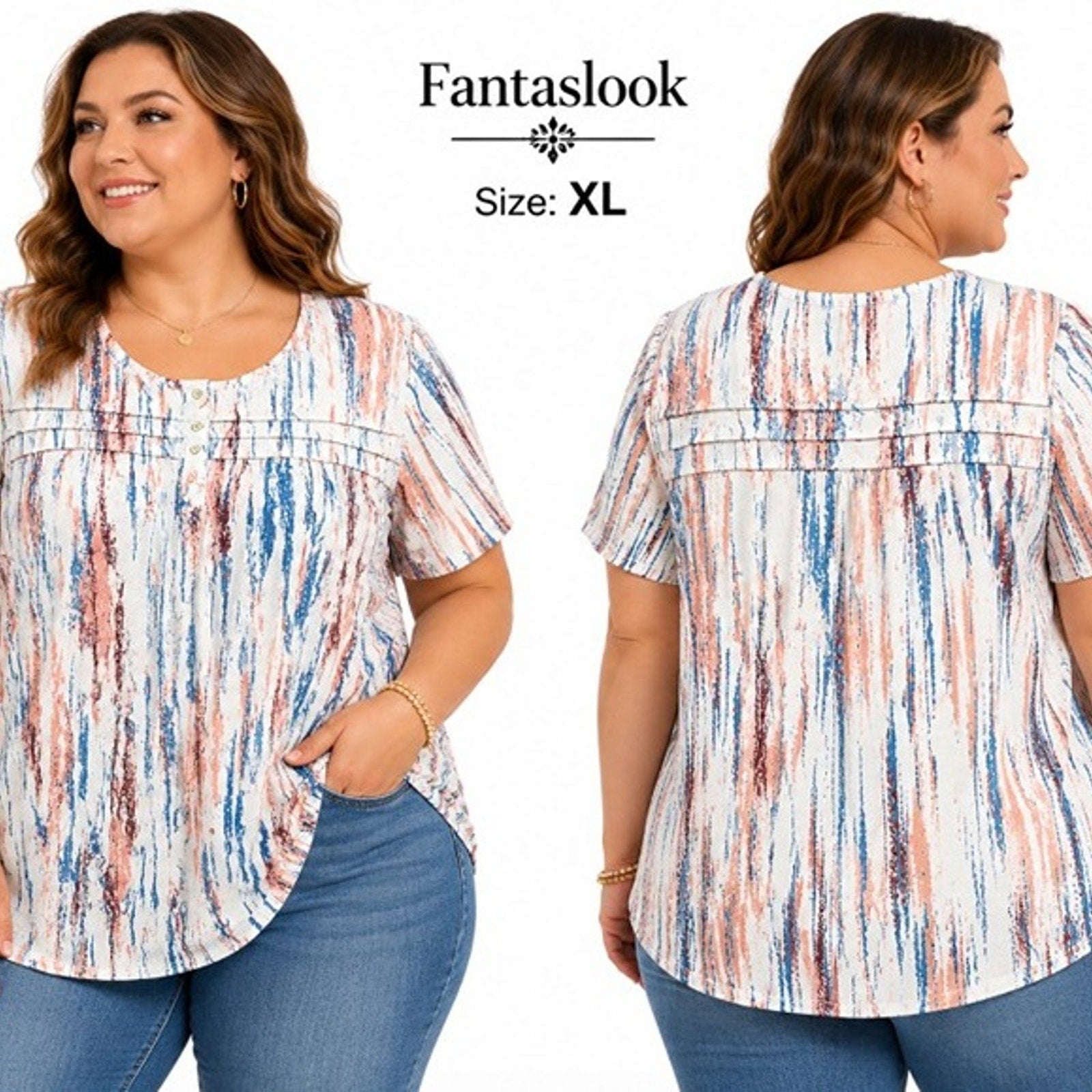 NEW Fantaslook Abstract Print Blouse White Multi XL Short Sleeve FREE Shipping
