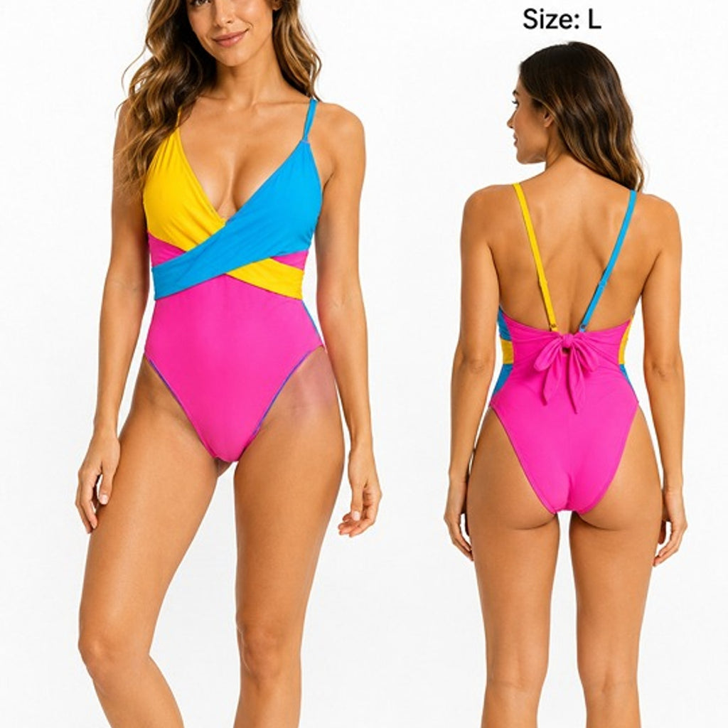 B2Prity Womens Color Block One Piece Swimsuit Tummy Control Bathing Suit -Size L
