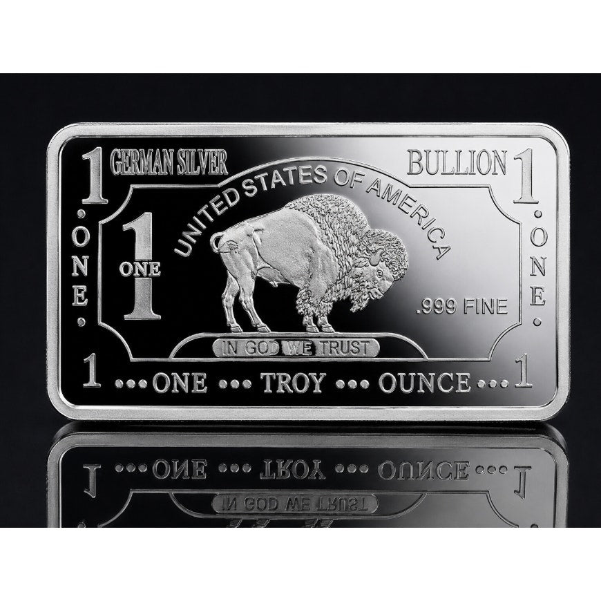 Troy oz .999 fine German silver collectible bar from CMC Mint, showcasing detailed minting and alloy composition.