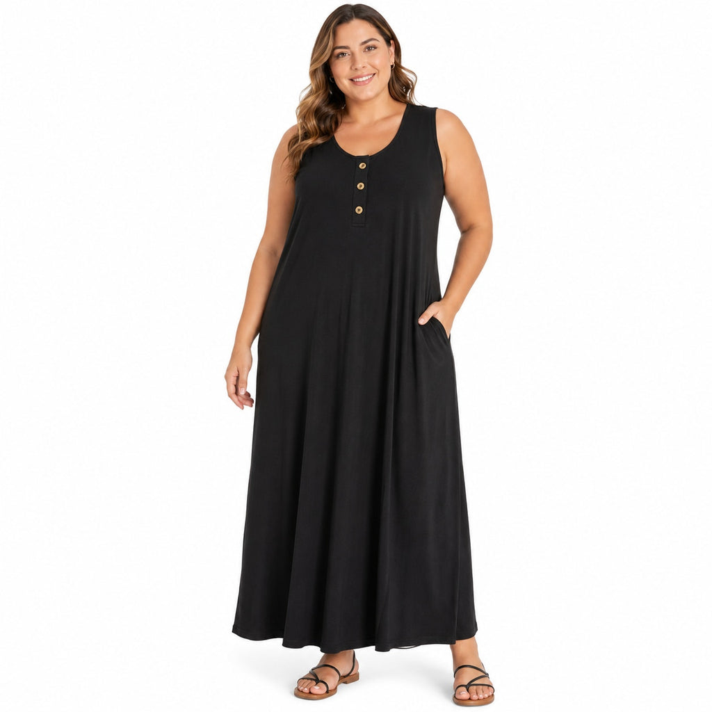 Fantaslook Sleeveless A-Line Maxi Dress in Black Size XL