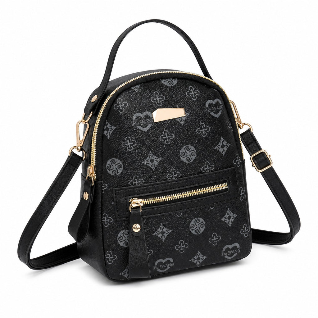 Black Aohao heart-shaped crossbody faux leather backpack with zipper closure and adjustable strap.