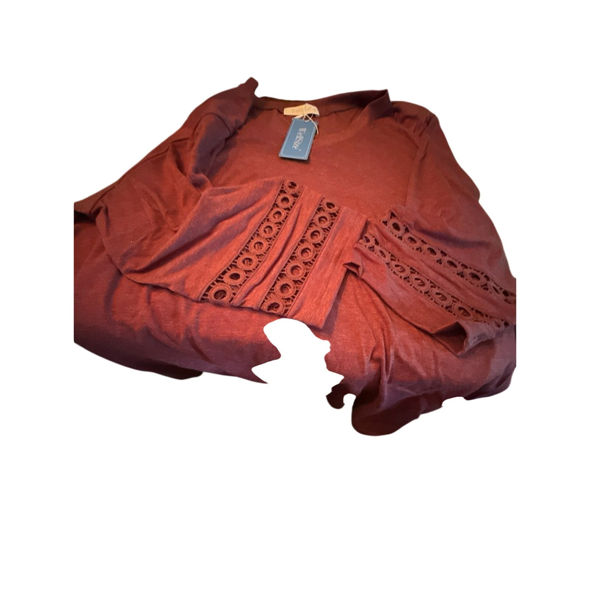 WellSize women's plus size burgundy top with 3/4 lace sleeves and V-neck, in size XL, featuring a stylish and comfortable fit.