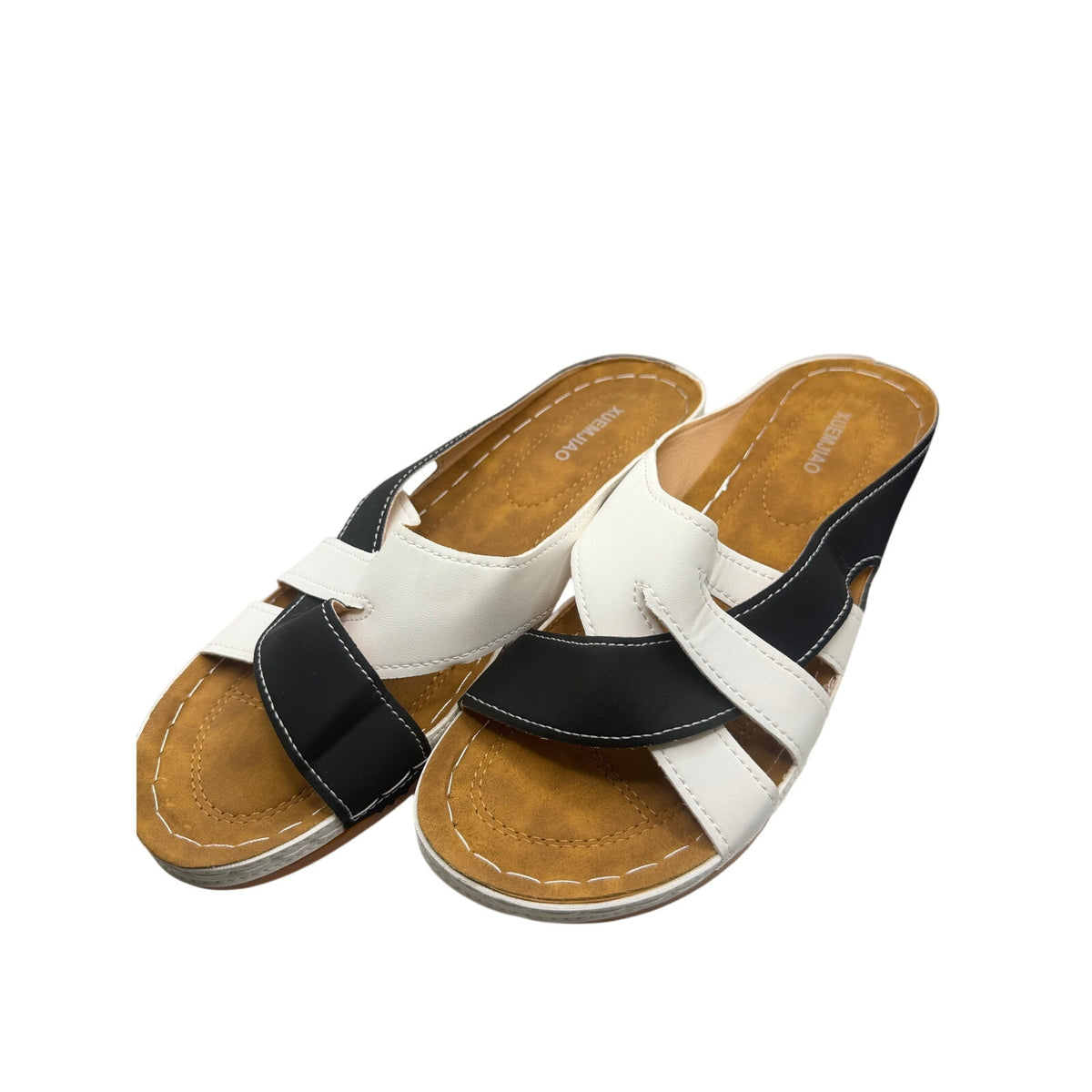 Xuemjiao women's slip-on sandals in white and black, size 11.5-12, EU 43, with open toe and comfortable flat sole.