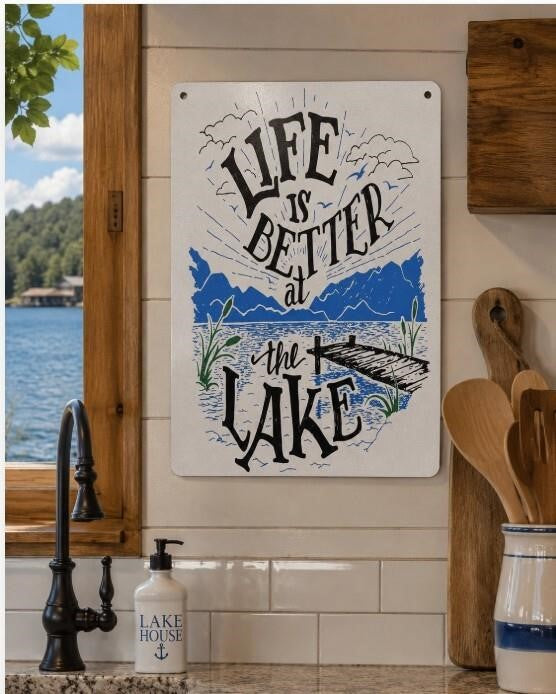 8x12 inch metal wall art by Republic Mercantile featuring "Life is Better At the Lake" rope design in rustic style.