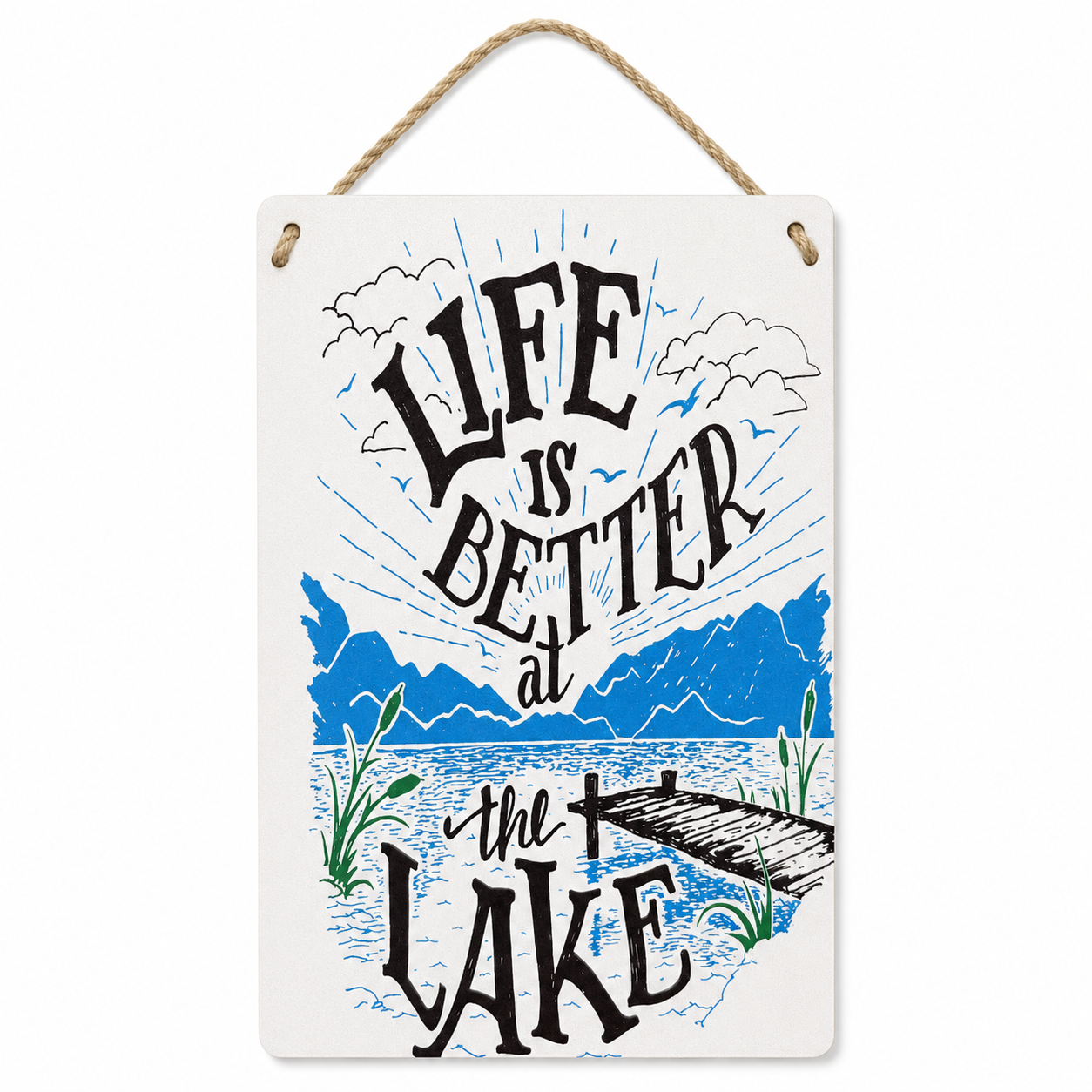 8x12 inch metal wall art by Republic Mercantile featuring "Life is Better At the Lake" design with rope detail.