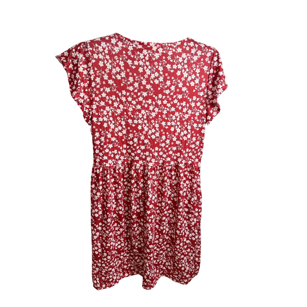 Fantaslook Women's summer floral midi dress with V-neck, ruffle sleeves, and pockets in size L, featuring a vibrant floral pattern.