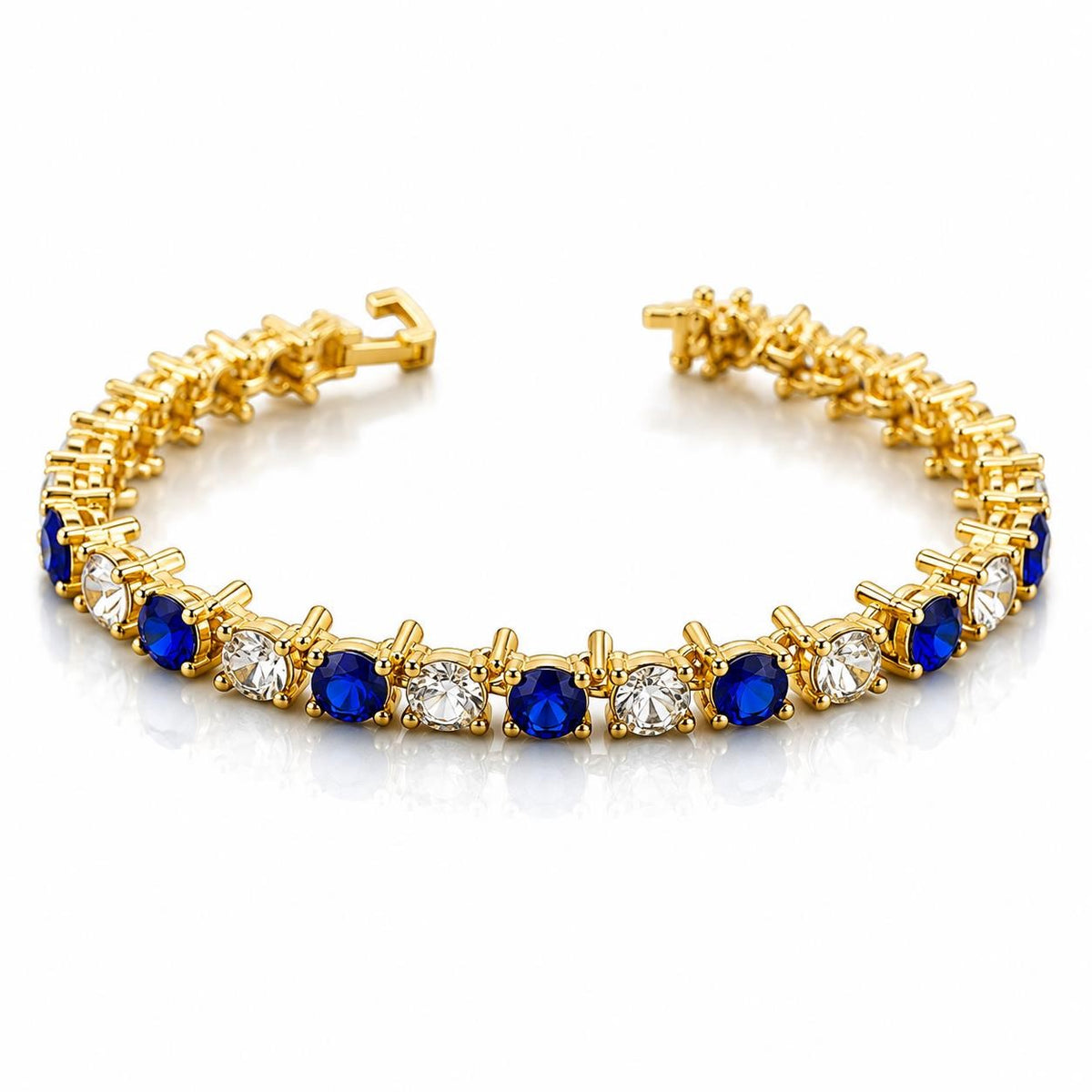 Blue and white gem bracelet set in gold tone from Republic Mercantile, featuring multiple elegant gemstone accessories.