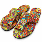 Women's boho multi-color slip-on sandals by Republic Mercantile, size 11, with vibrant patterned straps and comfortable flat soles.