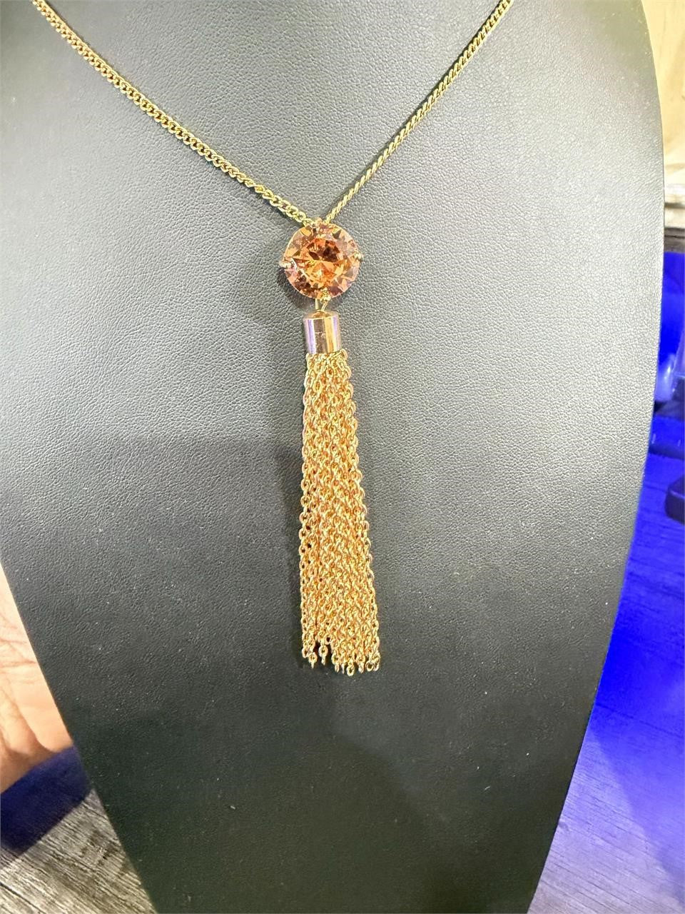 Gold chain with gem pendant, matching earrings, 36-inch length, designed by Republic Mercantile for elegant jewelry styling.
