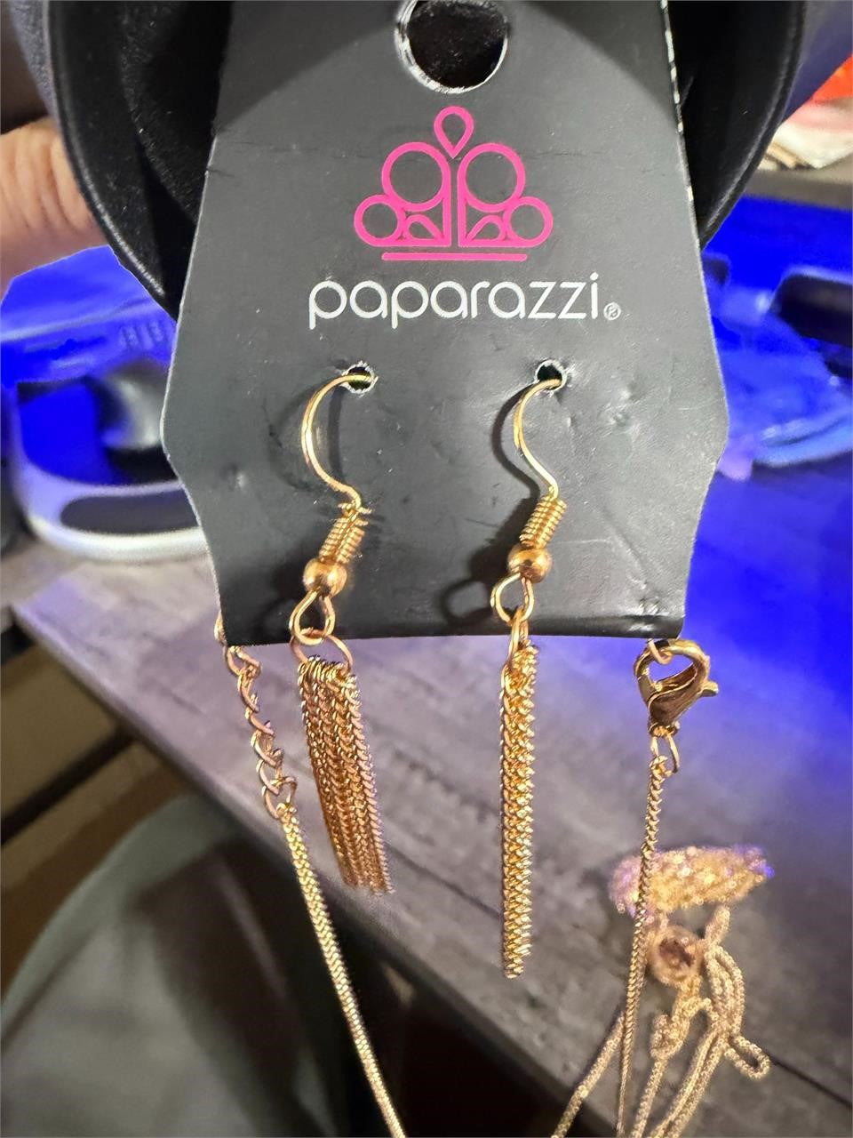Paparazzi 36-inch gold chain with gem pendant and matching earrings, stylish jewelry set from Republic Mercantile.