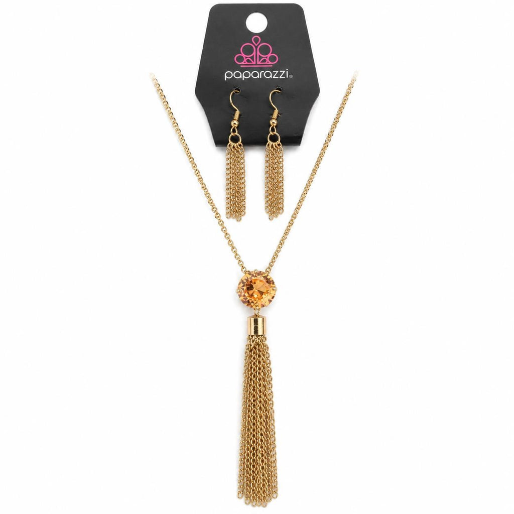 Gold chain with gem pendant and matching earrings from Republic Mercantile, featuring a stylish 36-inch jewelry set.