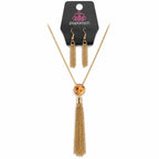 Gold chain with gem pendant and matching earrings from Republic Mercantile, featuring a stylish 36-inch jewelry set.
