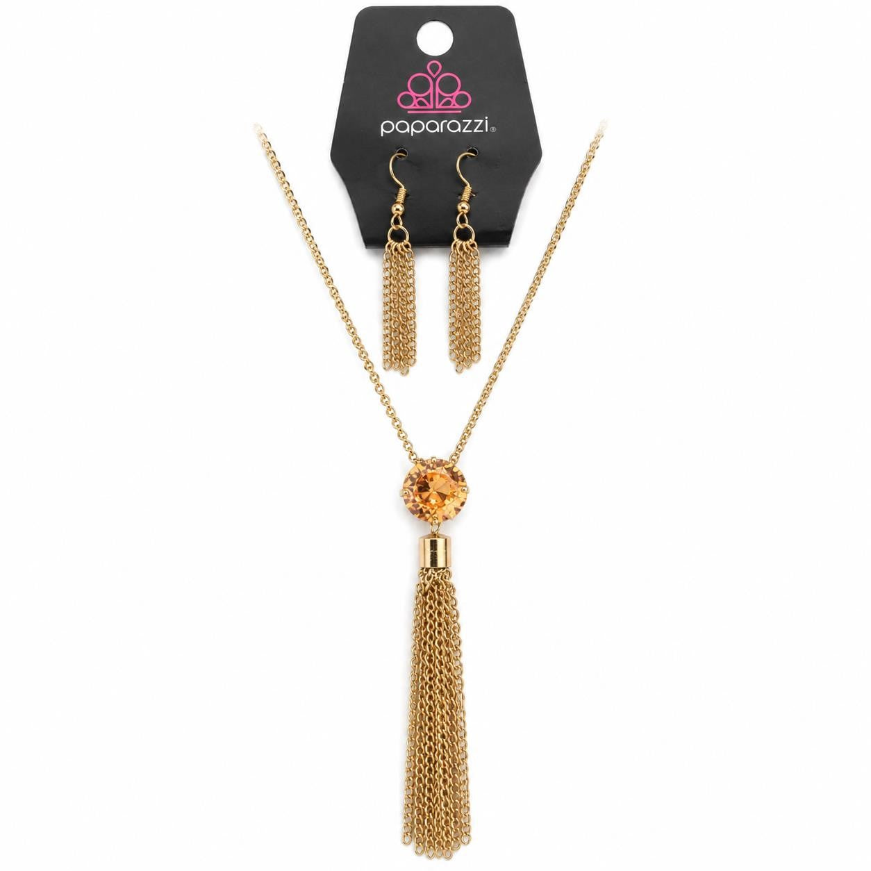 Gold chain with gem pendant and matching earrings from Republic Mercantile, featuring a stylish 36-inch jewelry set.