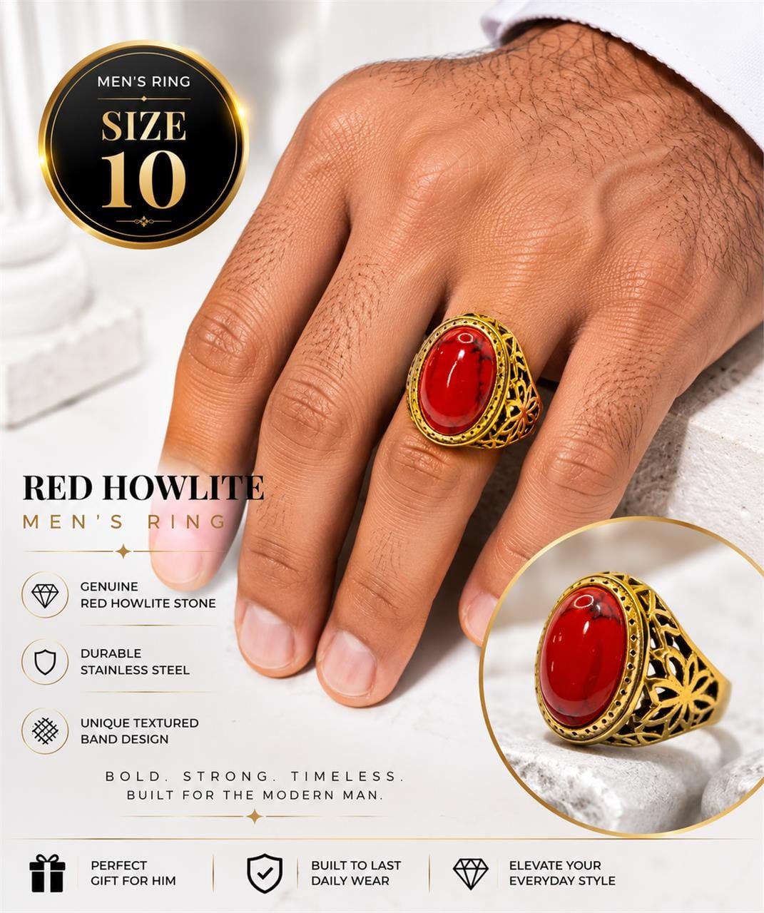 NEW Men's Ring Red Stone Golden Band Size: 10